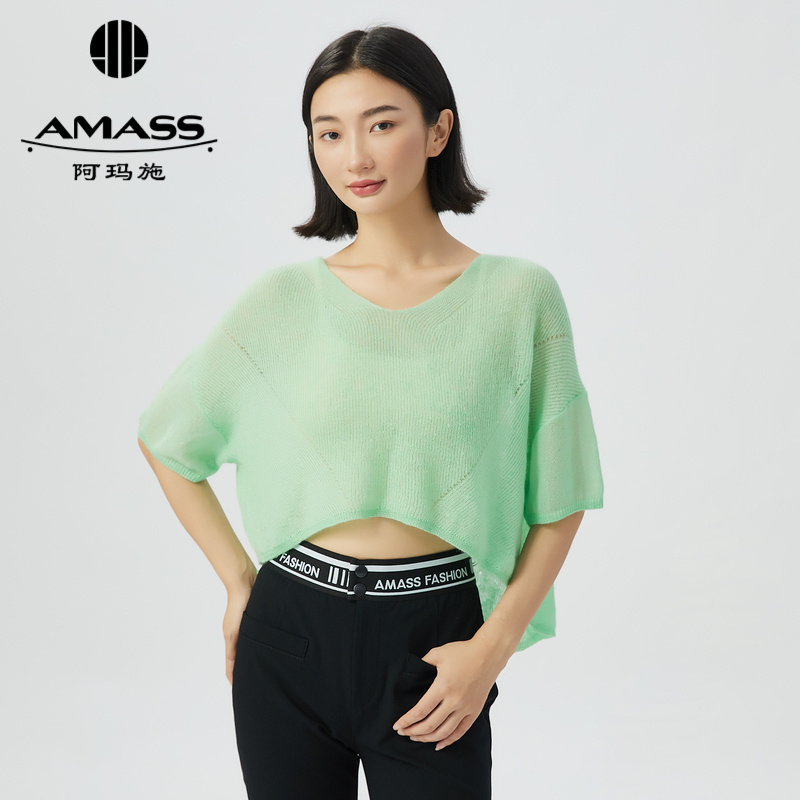 阿玛施AMASS V领前长后短设计马海毛针织短袖5399682