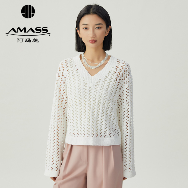 阿玛施AMASS 简约纯色V领镂空造型针织5399692