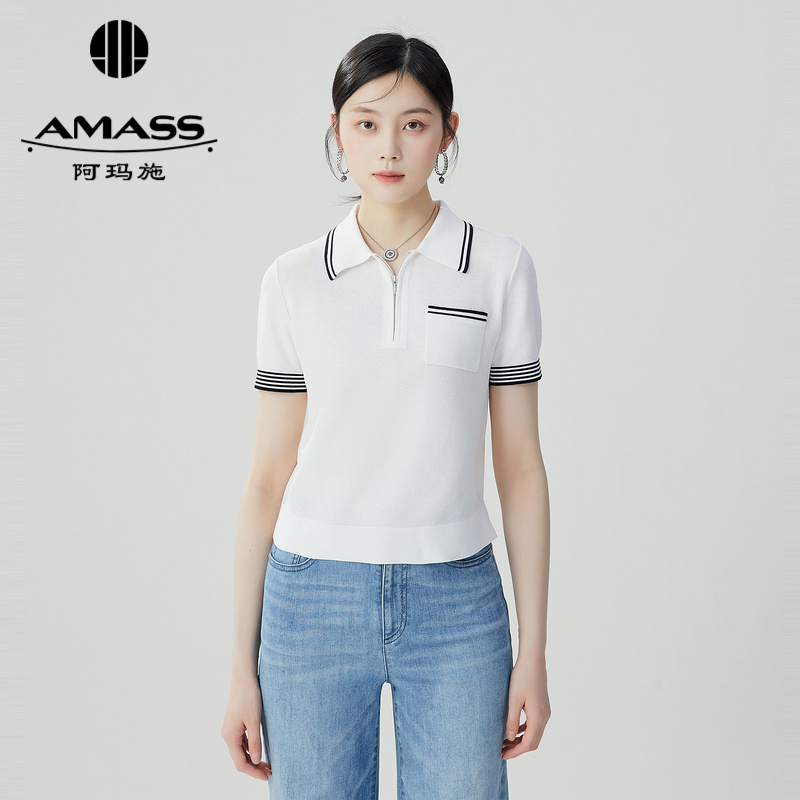 阿玛施AMASS 休闲显瘦气质小香风针织短袖POLO衫5399694