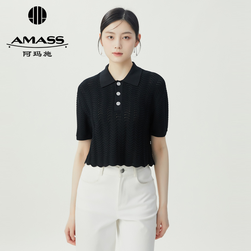 阿玛施AMASS 活力感波纹图案短款POLO短袖针织5399695