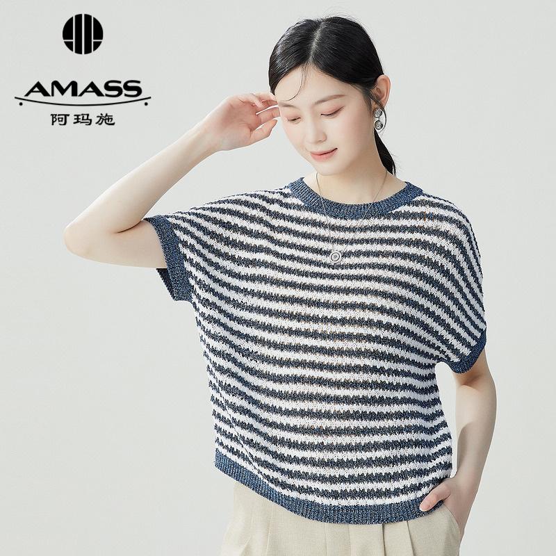 阿玛施AMASS 夏日清爽活力海军条纹针织短袖5399700