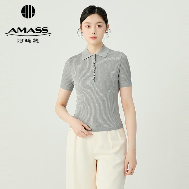 阿玛施AMASS 精致优雅金银丝领口花边抓褶polo针织衫5399710