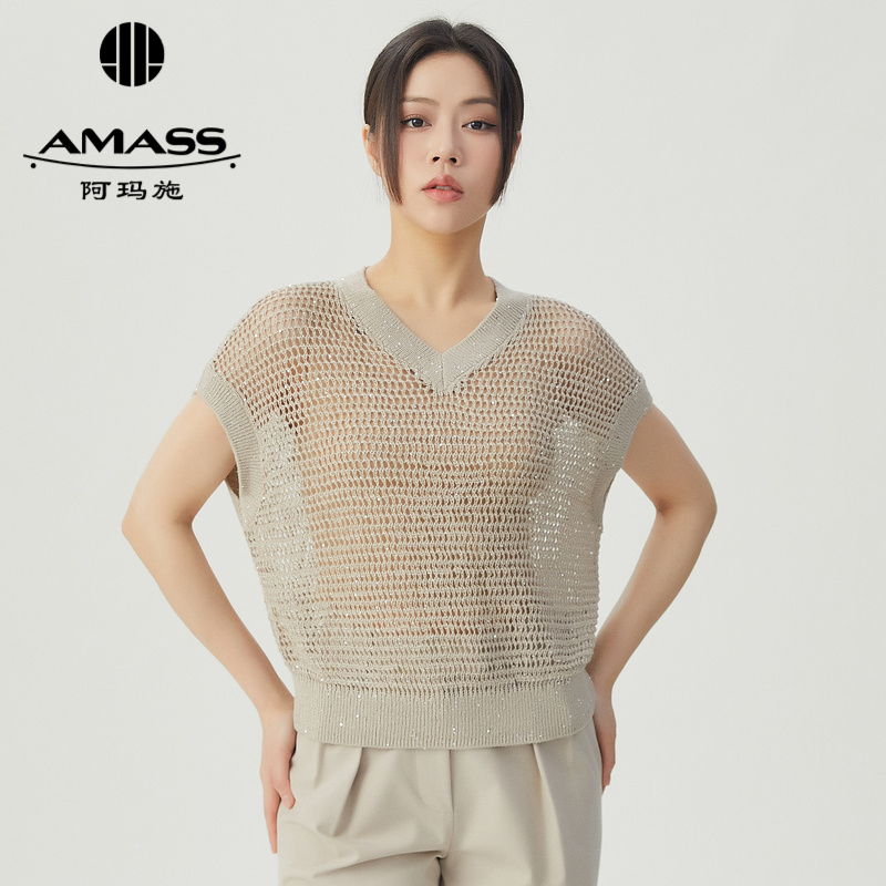 阿玛施AMASS春款V领宽松珠片镂空造型针织马甲5399714