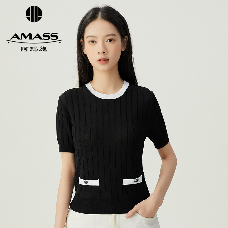 阿玛施AMASS 新款拼色小香风坑条显瘦套头针织短袖5399725