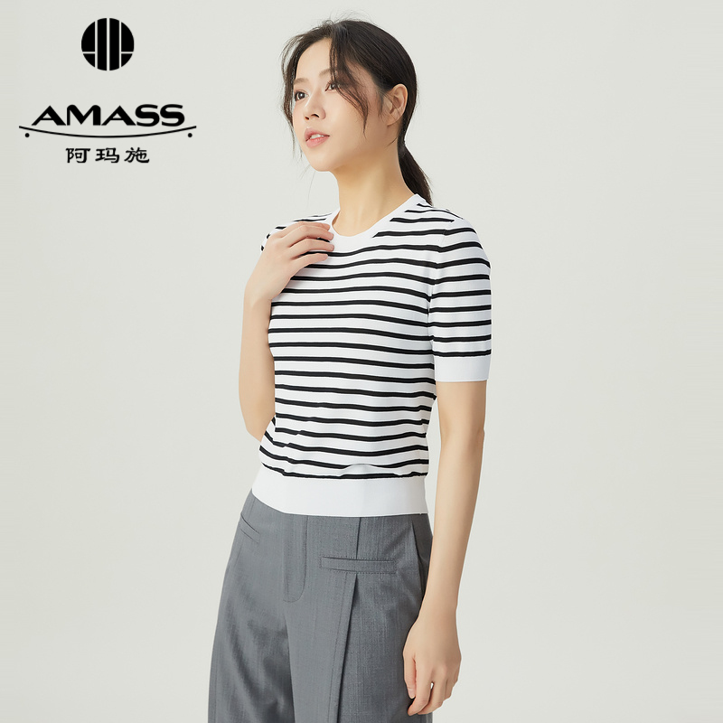 阿玛施AMASS 经典时尚百搭条纹圆领针织短袖5399726