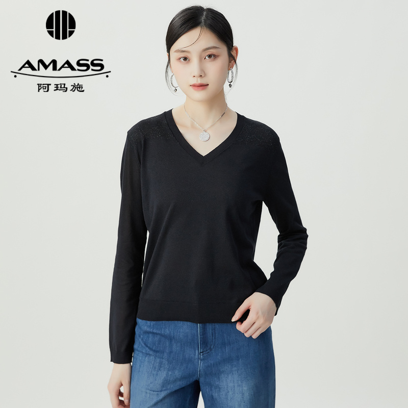 阿玛施AMASS 简约百搭V领素面冰丝针织衫5399727