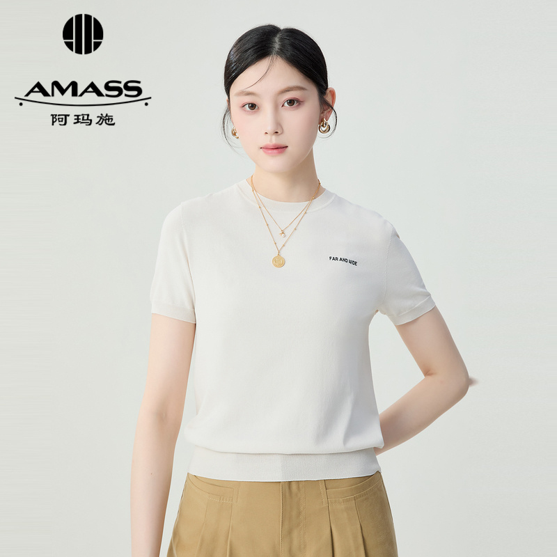 阿玛施AMASS 简约纯色字母logo圆领冰丝短袖针织5399731