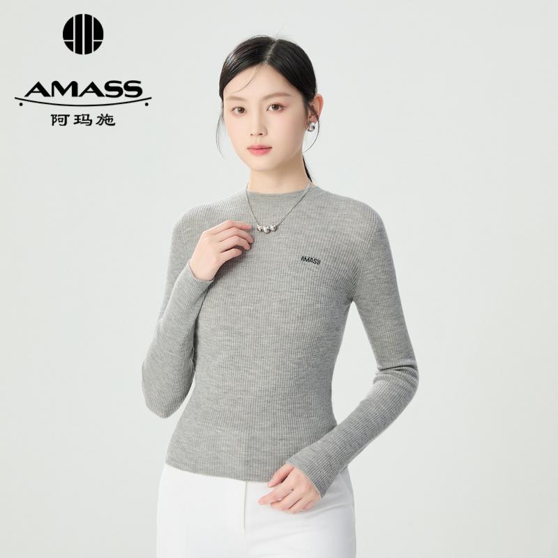 阿玛施AMASS 字母点缀品质感经典圆领正肩羊绒针织衫5399744