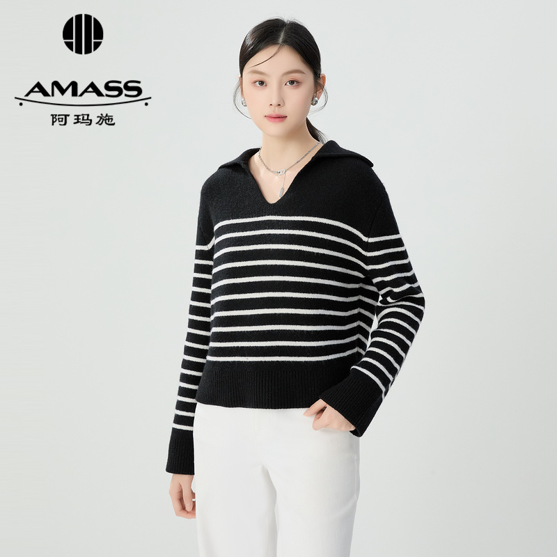 阿玛施AMASS 经典时髦海军风条纹大翻领廓形羊毛针织衫5399750