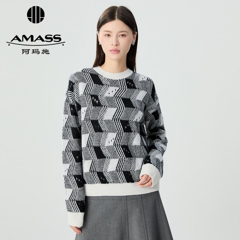阿玛施AMASS 轻质蓬松几何图案提花圆领套头针织衫5399754