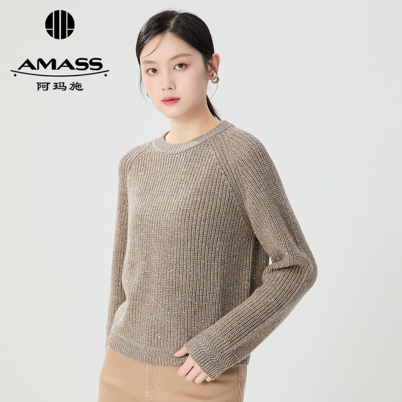 阿玛施AMASS 轻奢优雅插肩袖廓形珠片质感圆领针织长袖5399756