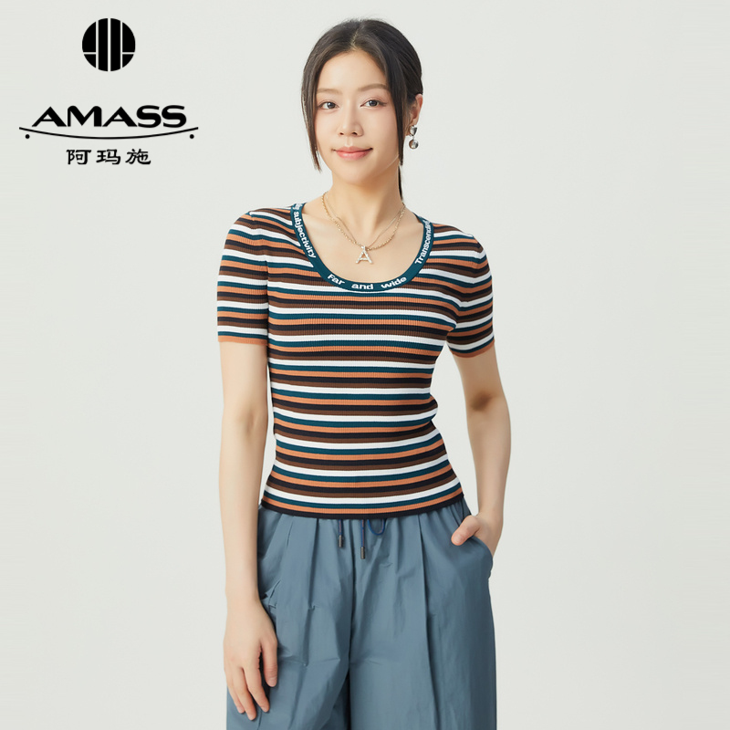 阿玛施AMASS 莫兰迪色系条纹圆领修身针织T恤5399759