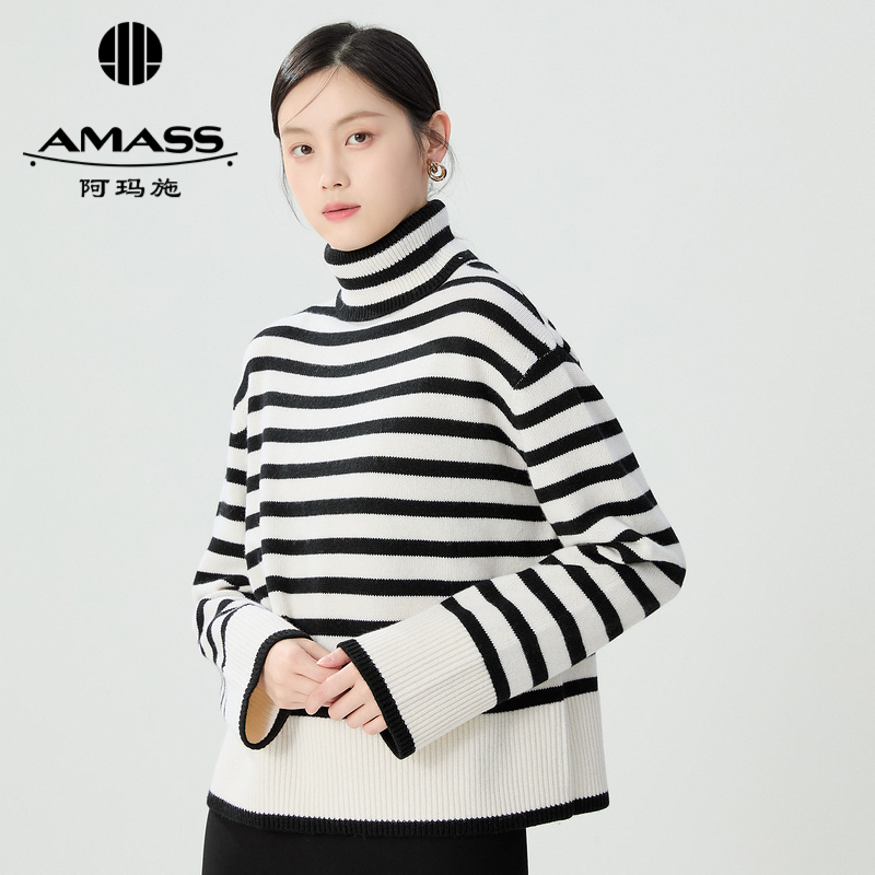 阿玛施AMASS 慵懒松弛经典黑白条纹廓形高领羊毛针织衫5399760