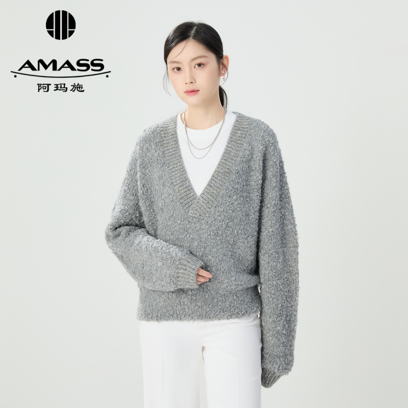 阿玛施AMASS 慵懒时髦感简约灰色V领羊驼廓形针织5399762