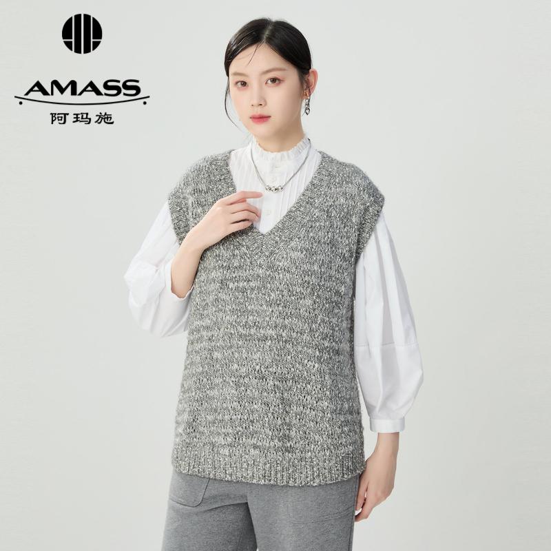 阿玛施AMASS 慵懒松弛走染花纱V领针织马甲5399770