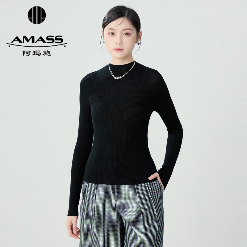 阿玛施AMASS 无缝工艺简约百搭立体坑条羊毛打底针织衫5399776