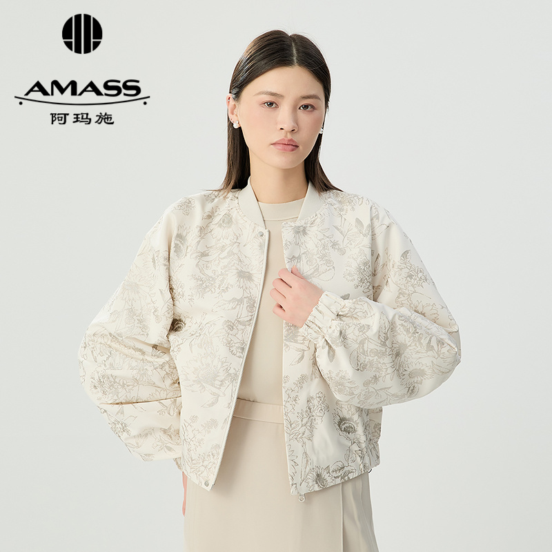 阿玛施AMASS 插肩灯笼袖立领暗门襟下摆松紧棒球夹克540011