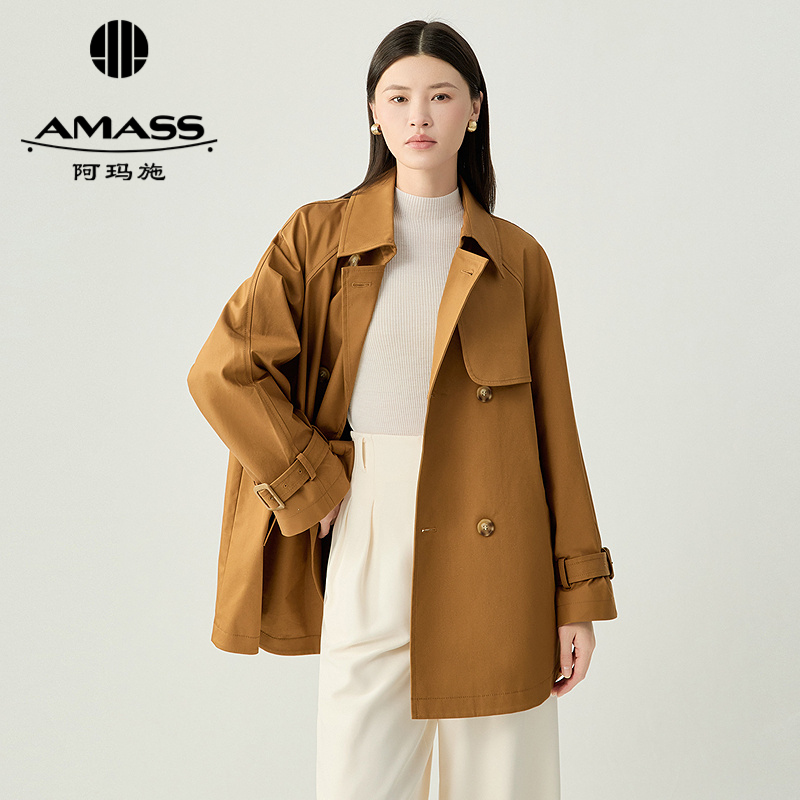 阿玛施AMASS 时尚质感纯色双排扣翻领中长款风衣外套540031