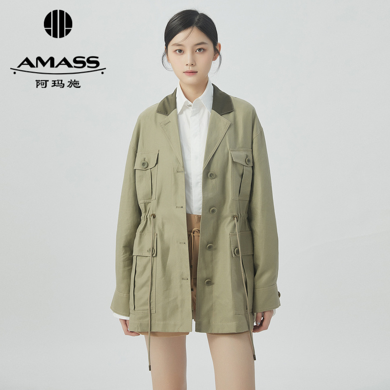 AMASS阿玛施 新款抽绳设计中长款休闲麻料外套5400350