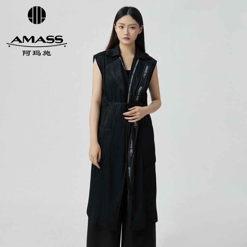 阿玛施AMASS 设计师款肌理感中长马甲附织带腰带5400359