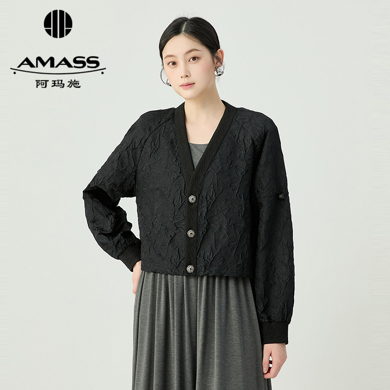 阿玛施AMASS 时尚精致银丝压褶下摆抽绳宽松短款外套540036