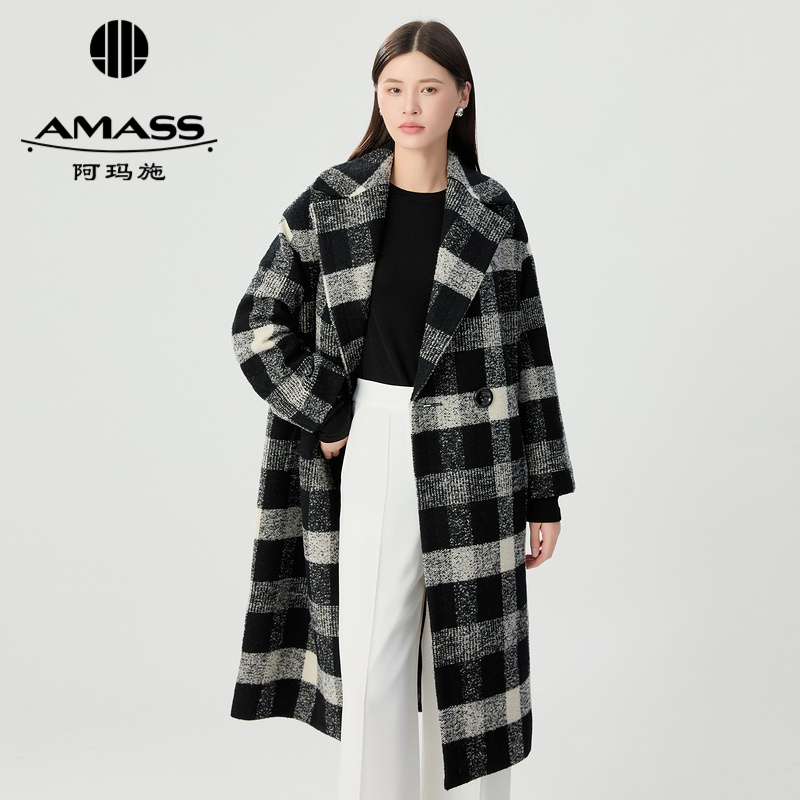阿玛施AMASS 经典黑白格质感廓形大衣5400361