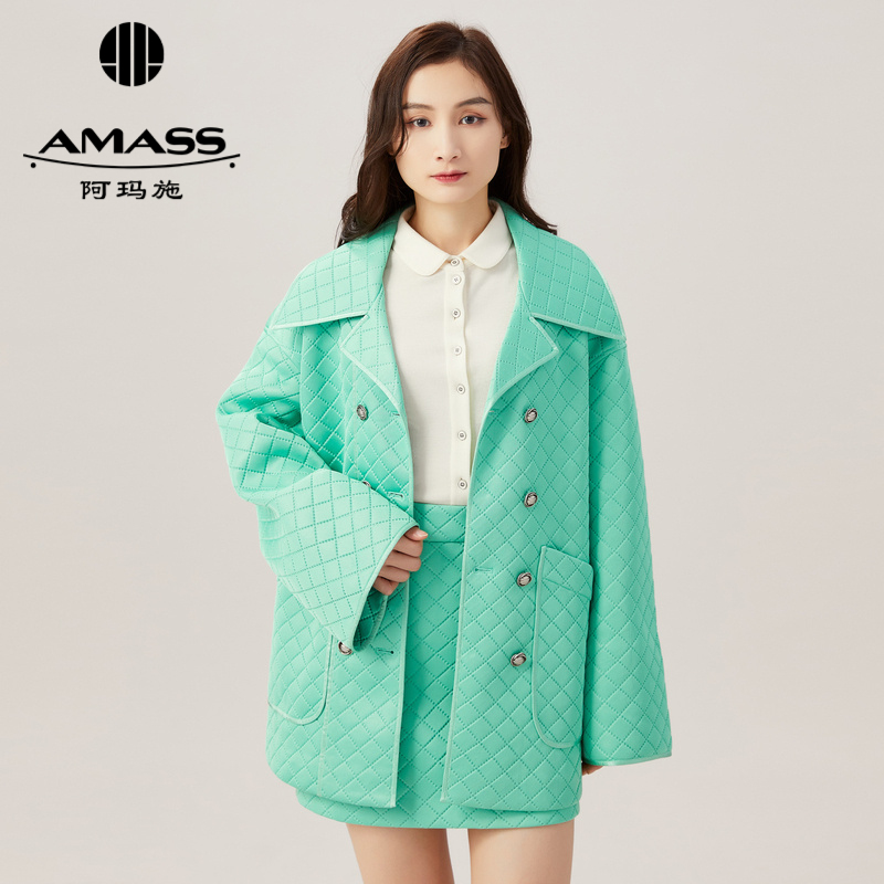 AMASS阿玛施新款单排扣菱格宽松中长棉服外套5400440-3