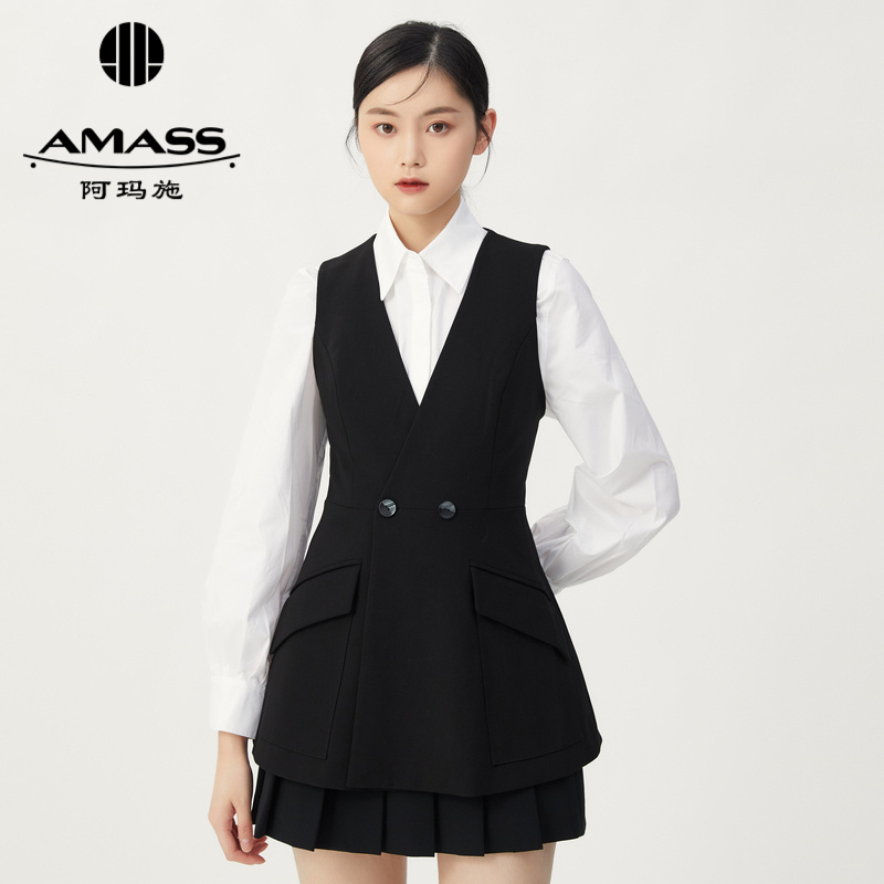AMASS阿玛施 通勤V领收腰两粒扣马甲西装外套5400446-2