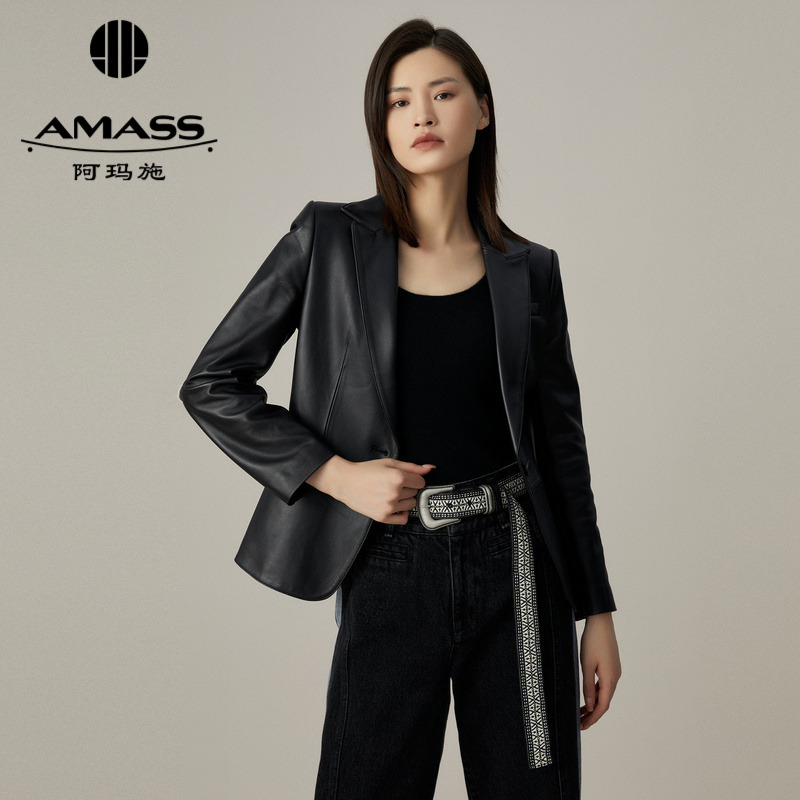 AMASS阿玛施经典通勤纯色短款收腰羊皮西装5400509