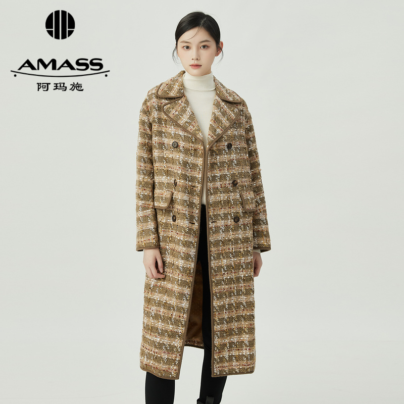 阿玛施AMASS新款女装百搭宽松版双排扣长款花呢大衣外套5400512