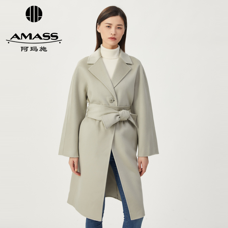 AMASS阿玛施 水波纹羊绒双面呢长款大衣附腰带5400515-2