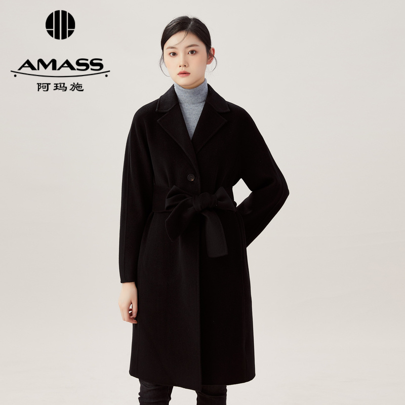 AMASS阿玛施 简约翻领一粒扣长款双面尼大衣5400515-3 附腰带