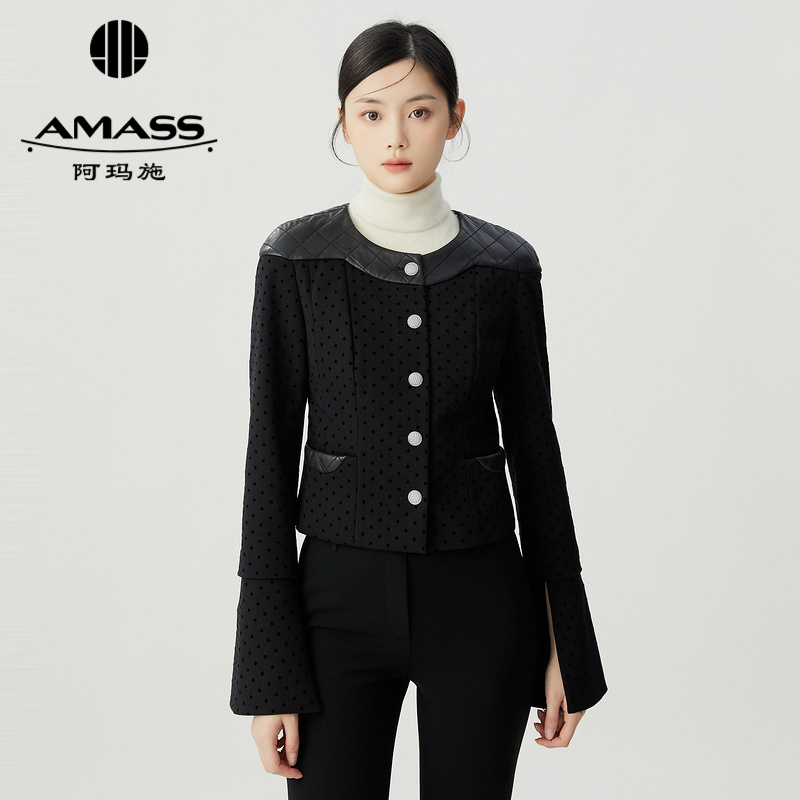 阿玛施AMASS 拼皮设计植绒波点气质圆领外套5400539