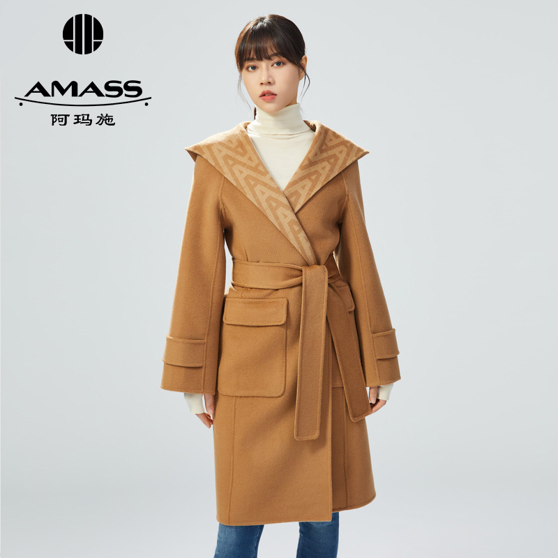 AMASS阿玛施 大翻领设计中长款双面呢 附腰带5400553-1