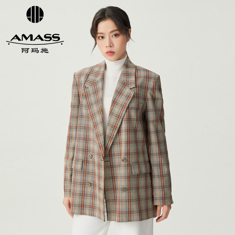 阿玛施AMASS通勤轻职场宽肩男友设计感复古格纹西装外套5400568