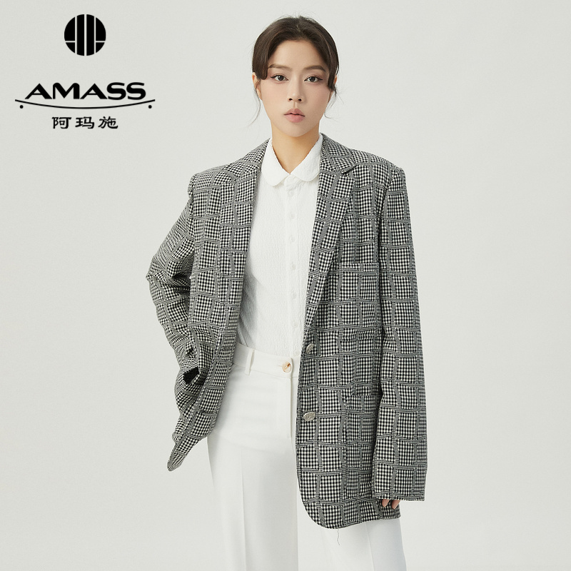 阿玛施AMASS时尚博主款复古格纹羊毛廓形西装外套5400587