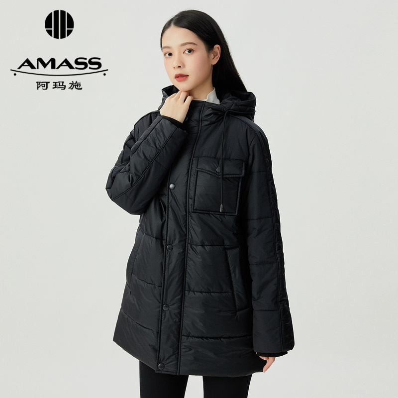 阿玛施AMASS 休闲横压褶中长款连帽款棉服5400612