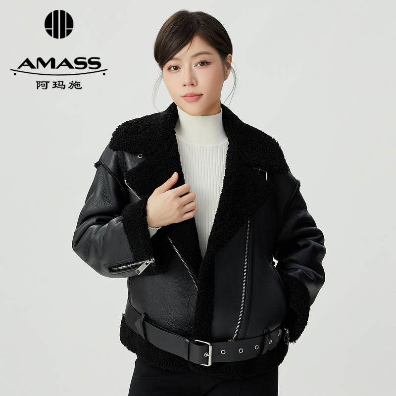 阿玛施AMASS轻奢皮毛一体机车风羊皮夹克5400623