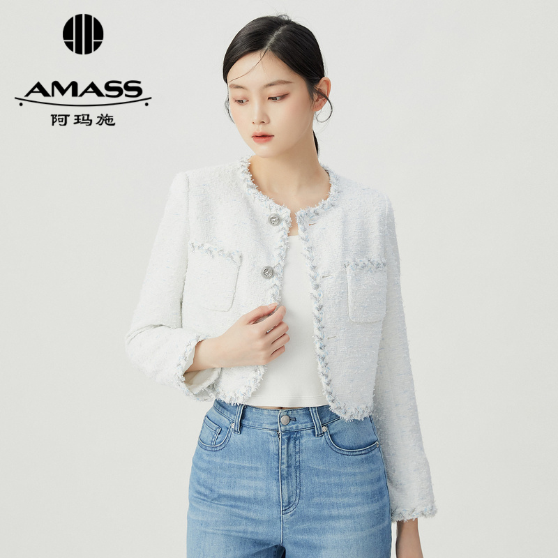 阿玛施AMASS 气质粗花呢边圆领短款小香外套5400627