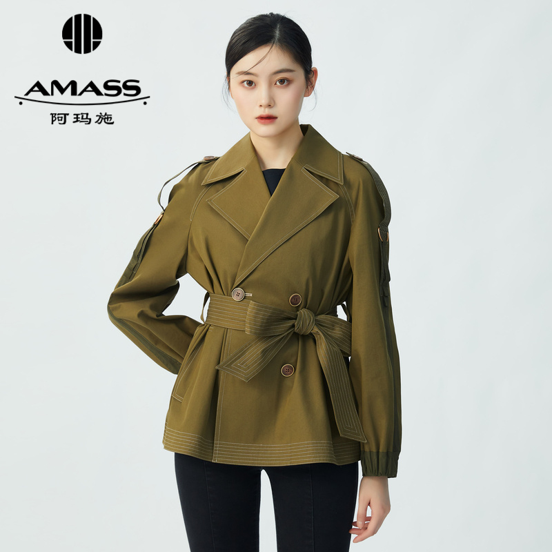 AMASS阿玛施 双排扣翻领系带短款风衣 附腰带5400629-2
