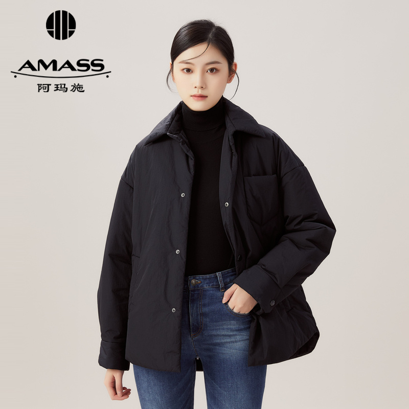AMASS阿玛施 宽松软糯翻领口袋中长款棉服5400658