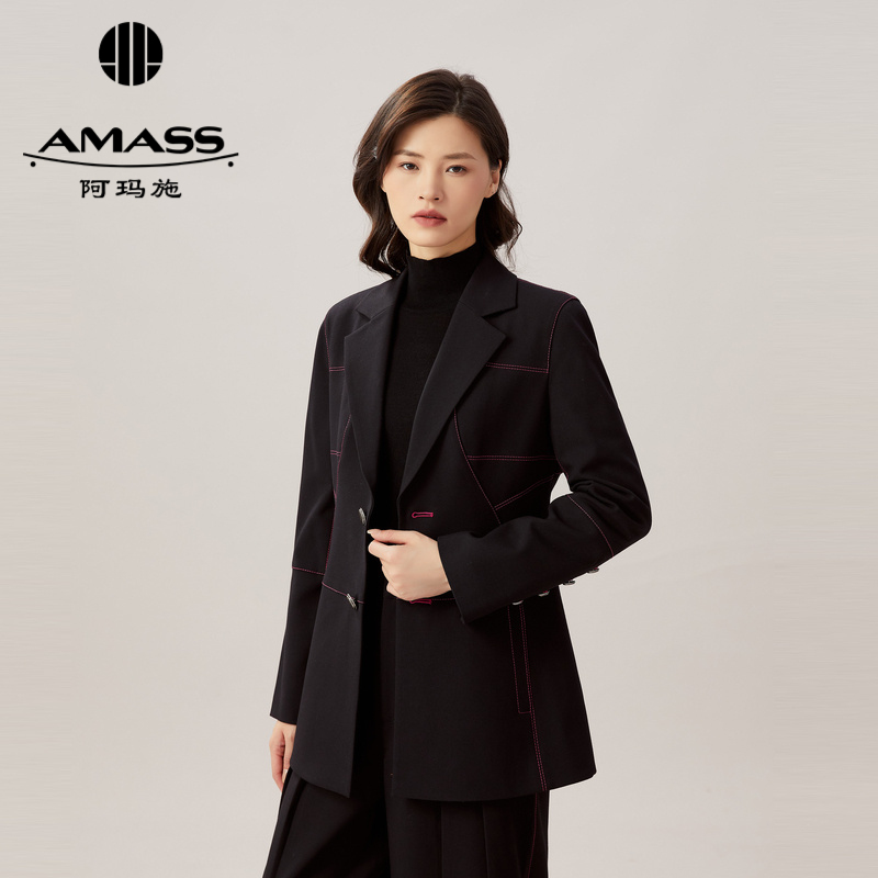 AMASS阿玛施 明线设计V领收腰中长款西服5400697