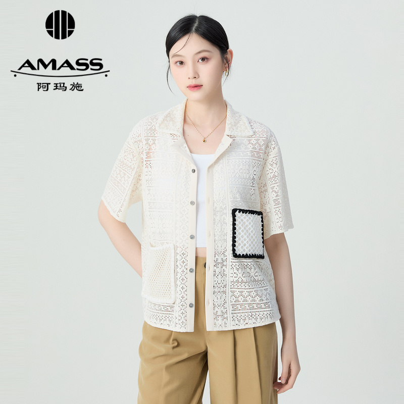 阿玛施AMASS 复古文艺镂空蕾丝翻领短袖老爹衬衫5400703