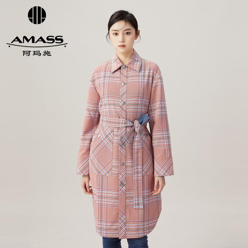 AMASS阿玛施经典 英式复古格纹中长款风衣外套5400707 附腰带