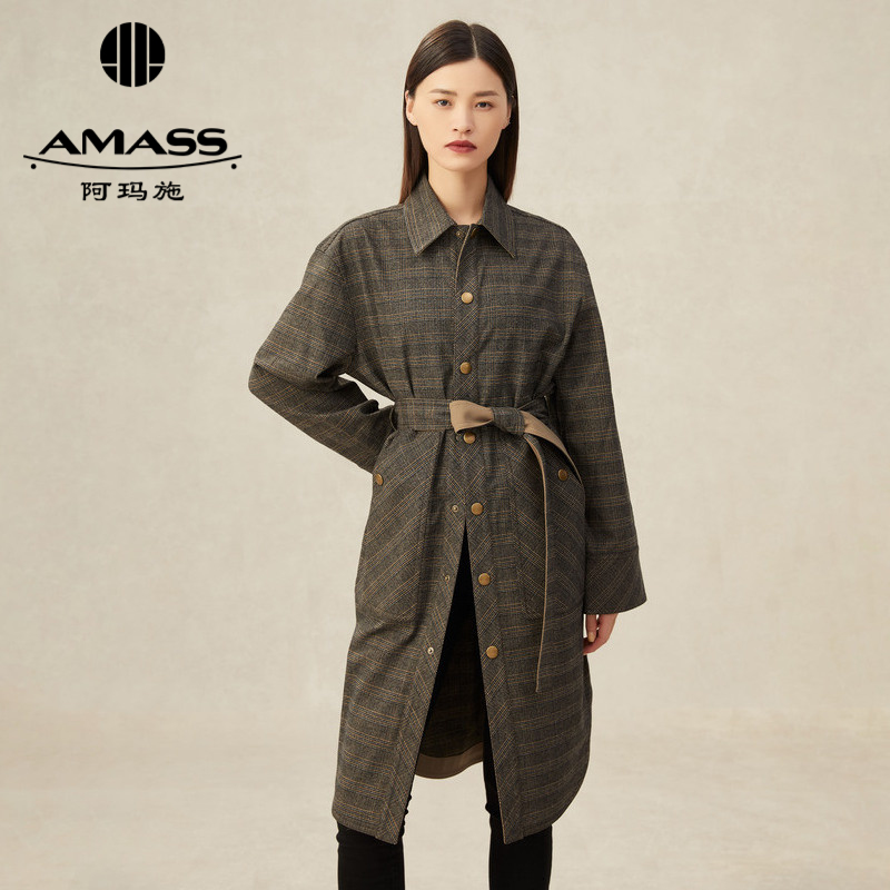 AMASS阿玛施 新款长款复古英式格纹外套附腰带5400707