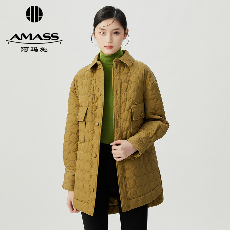 阿玛施AMASS 双口袋圆形格中长款廓形棉服5400720
