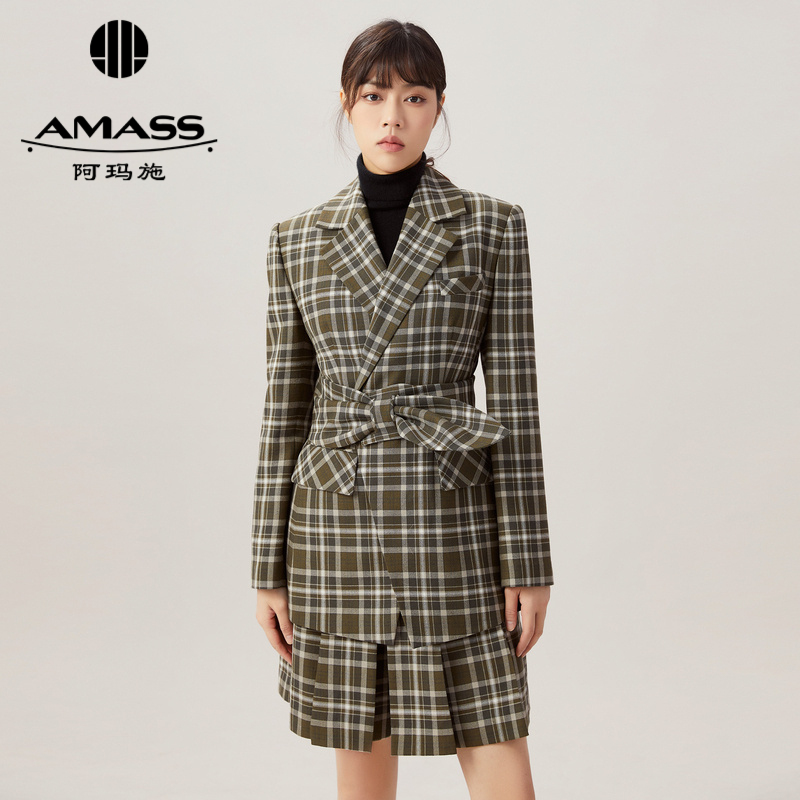 AMASS阿玛施 质感羊毛格纹西装外套5400722 附腰带