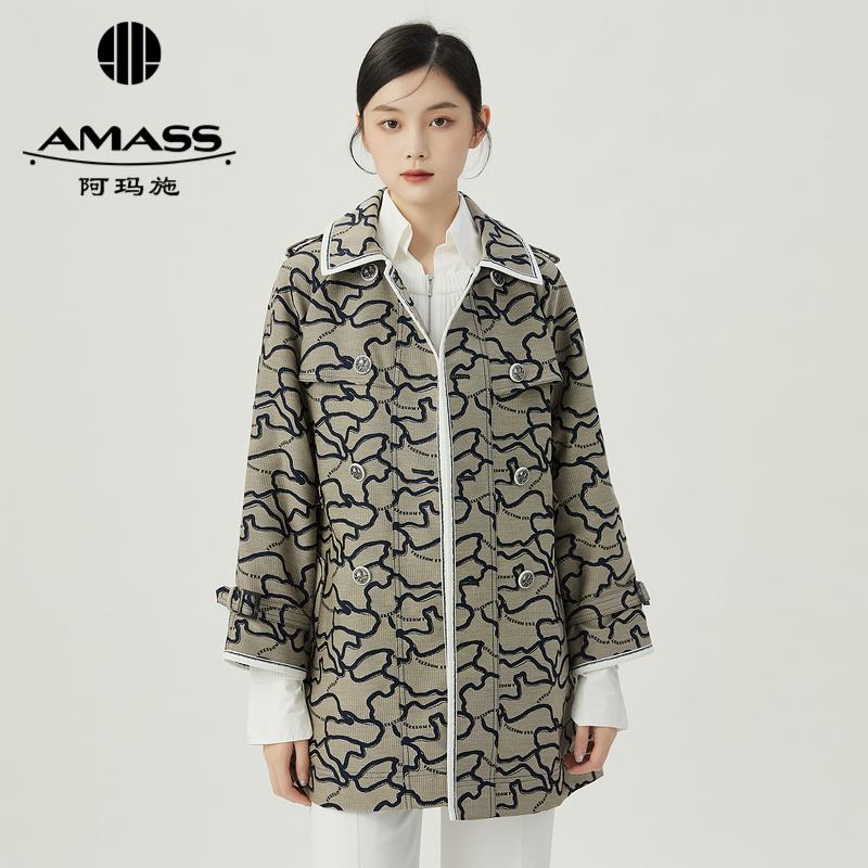 阿玛施AMASS 设计师款视觉几何收腰双排扣中长款风衣5400729