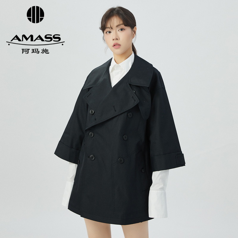 阿玛施AMASS 气质优雅大翻领双排扣宽松版中长款风衣5400731
