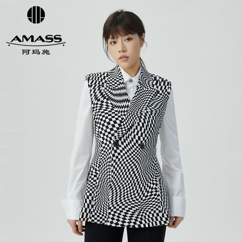 阿玛施AMASS气质通勤棋盘格两粒扣中长马甲5400732
